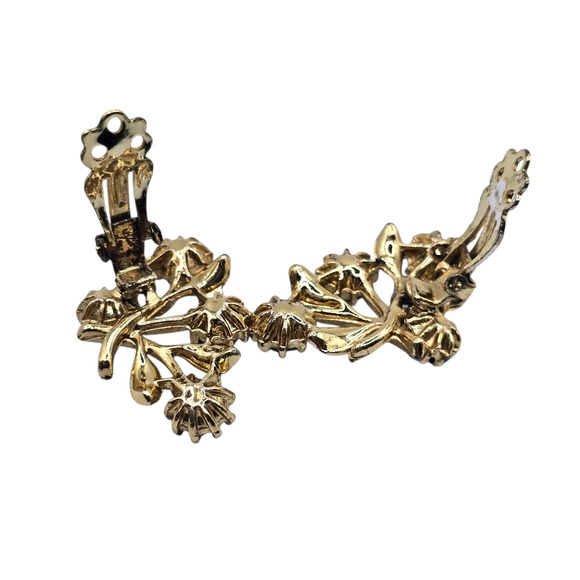 Clip-On Earrings Vintage Leaf AB Blue Rhinestones Retro Style Aurora Borealis - Picture 7 of 7